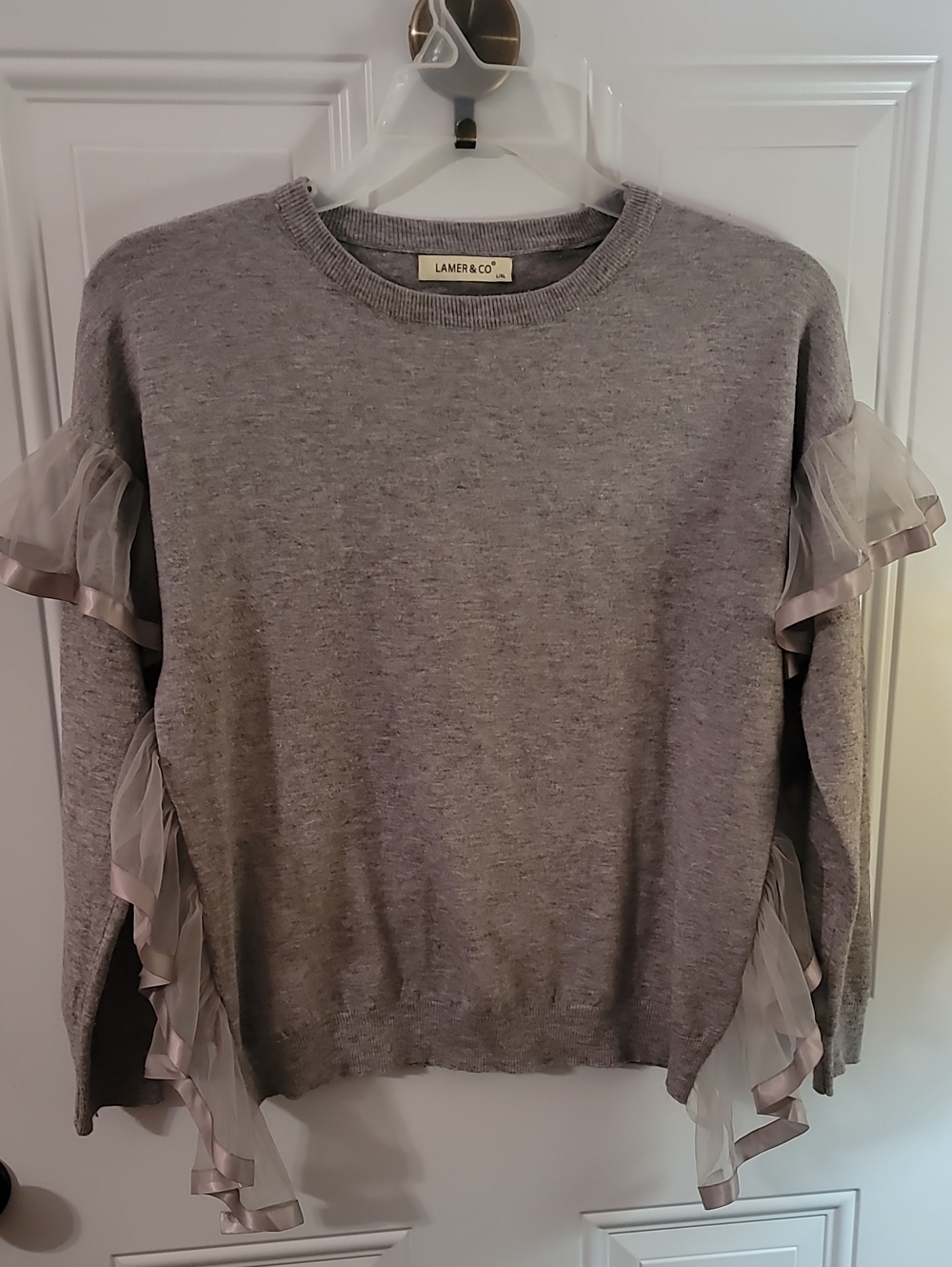 Women's Gray Ruffle Sleeve Crewneck Sweater